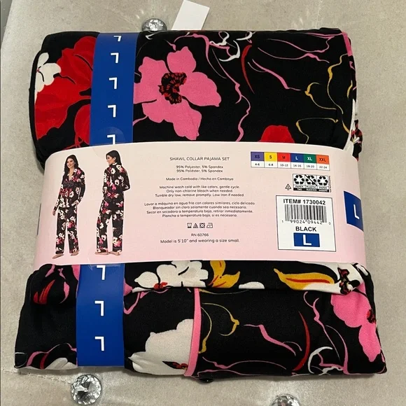 Room Service Floral Shawl Collar Pajama Set - Black and Pink - Picture 2 of 4